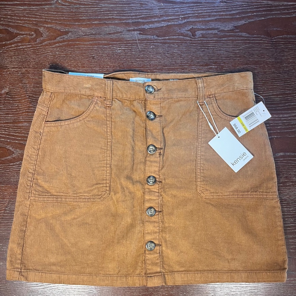 Kensie Corduroy Mini Skirt Button Front Pockets Casual Brown Size 14‎